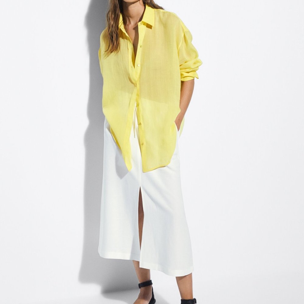 Massimo Dutti, Women 100% ramie oversize shirt, yellow, size Small